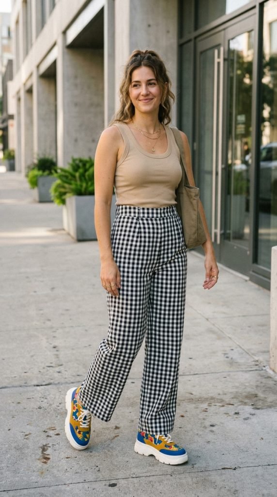 Simple tank with patterned bottoms and statement shoes creating playful minimal maximalist