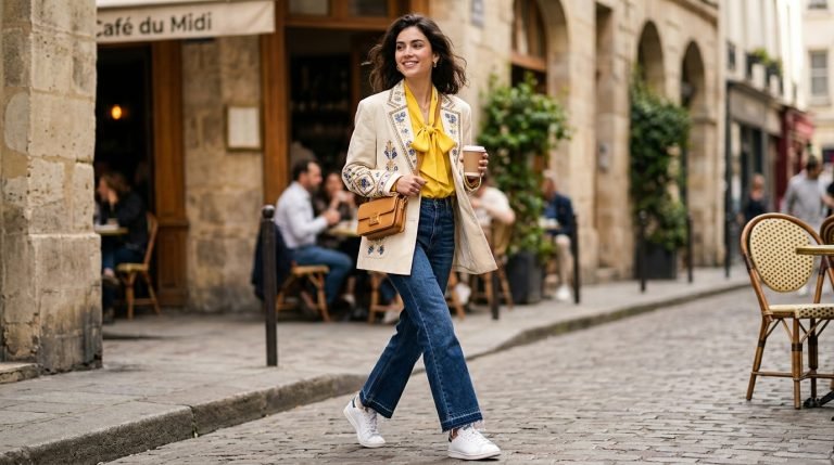 Sophisticated Y2K outfit with oversized blazer, low-rise jeans, and minimal styling creating modern contrast