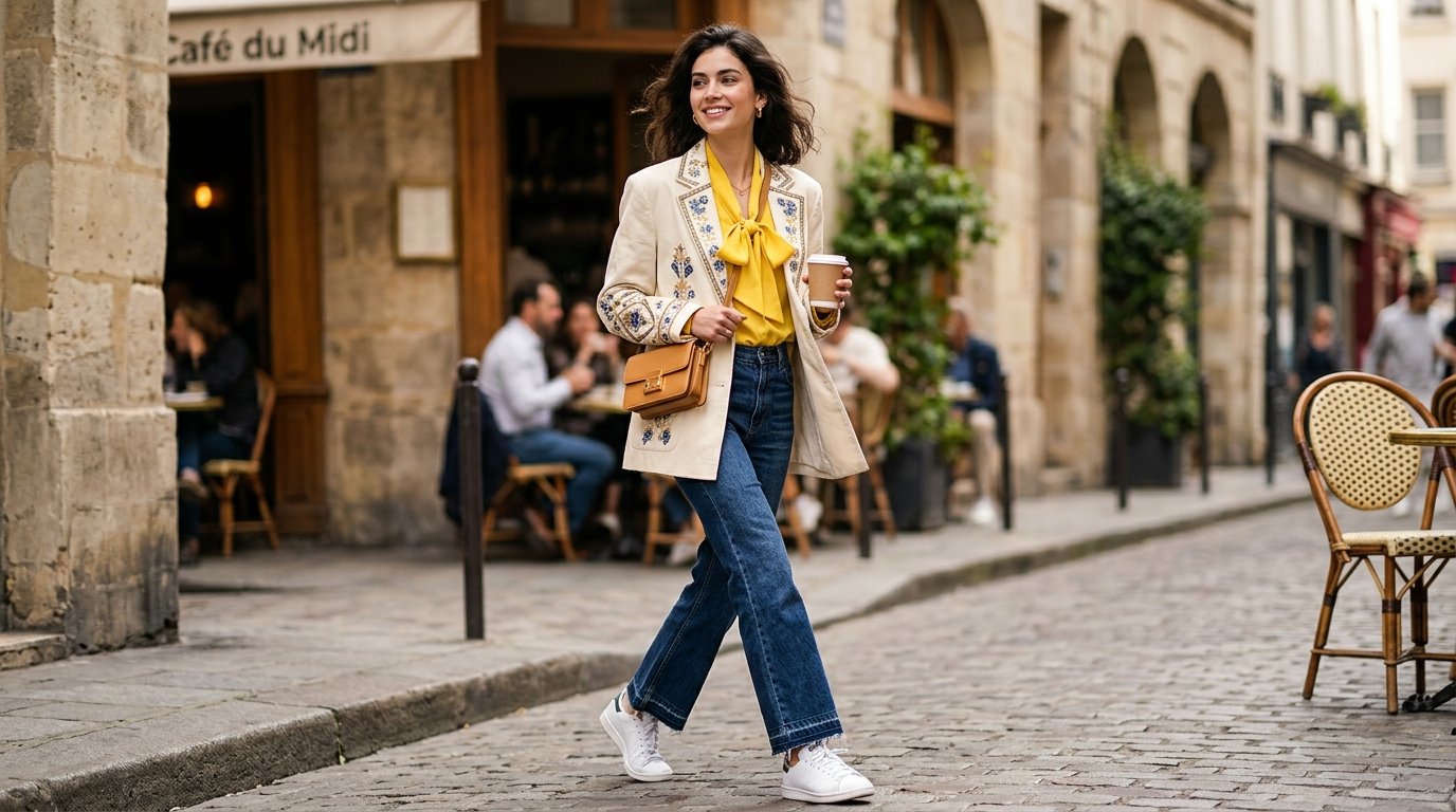 Sophisticated Y2K outfit with oversized blazer, low-rise jeans, and minimal styling creating modern contrast