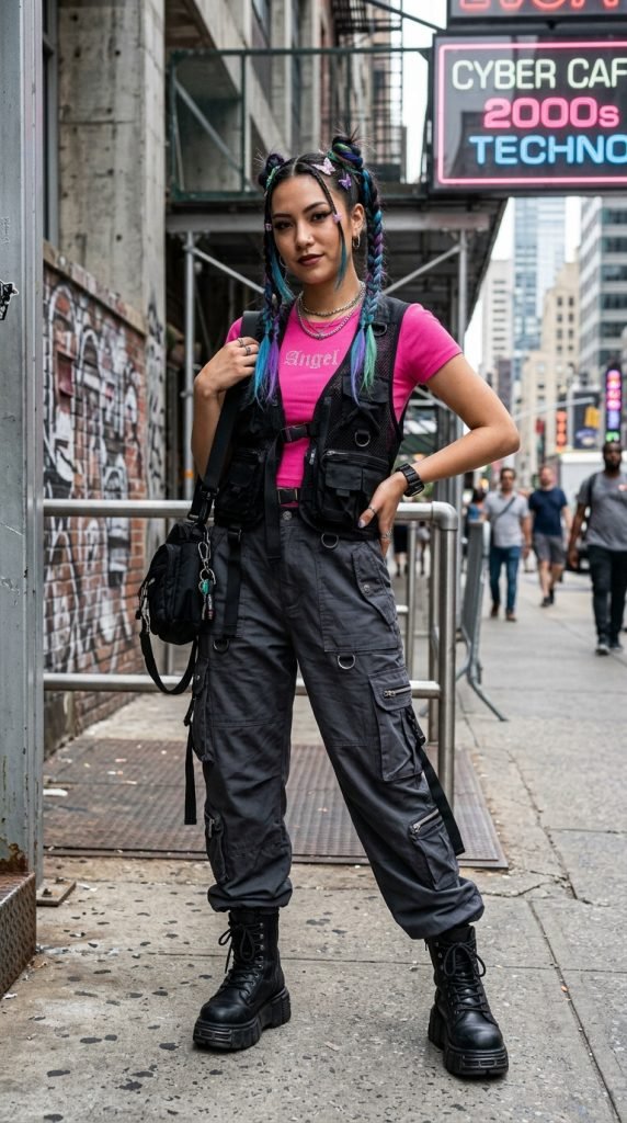 Techwear-Y2K fusion with cargo pants, bold baby tee, and structured technical vest creating tactical fashion