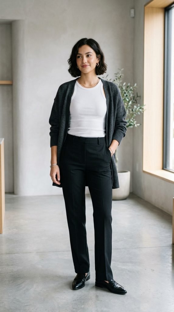 Elevated Y2K basics outfit with fitted tank, tailored trousers, and oversized cardigan creating sophisticated ease