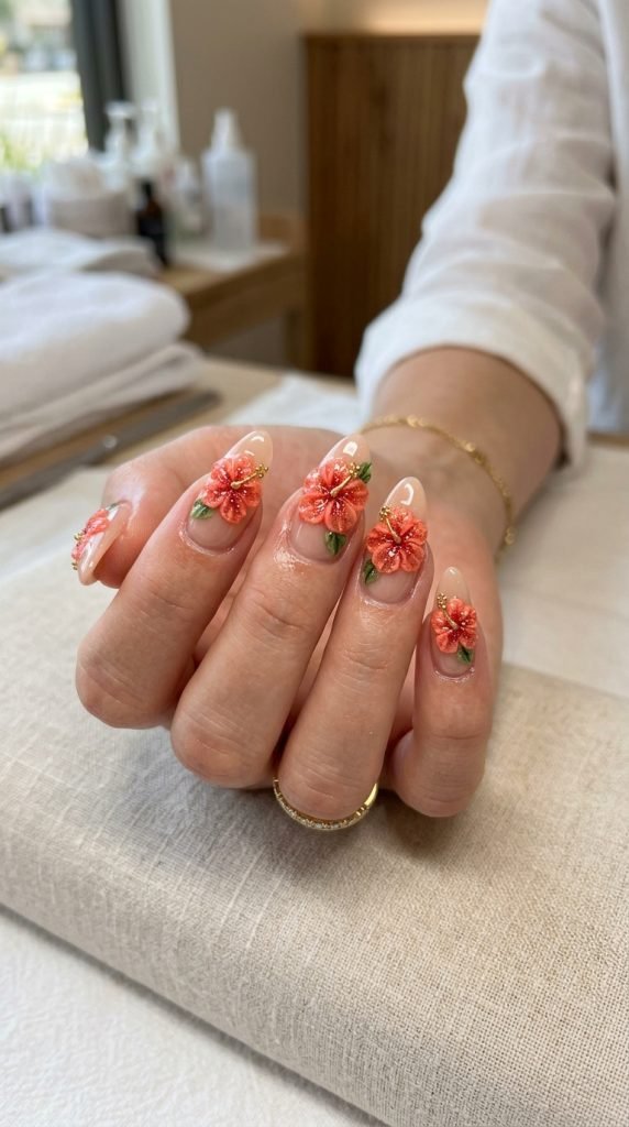 Bold 3D hibiscus flower nails with oversized sculpted coral petals and detailed stamens