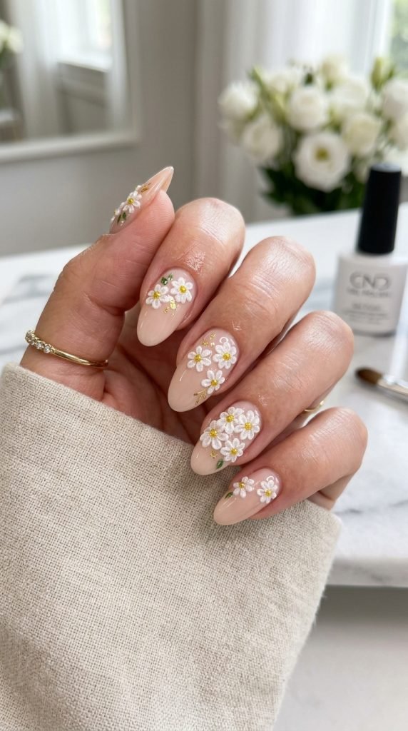 Minimalist 3D white daisy nails with yellow centers on nude background showing delicate botanical details