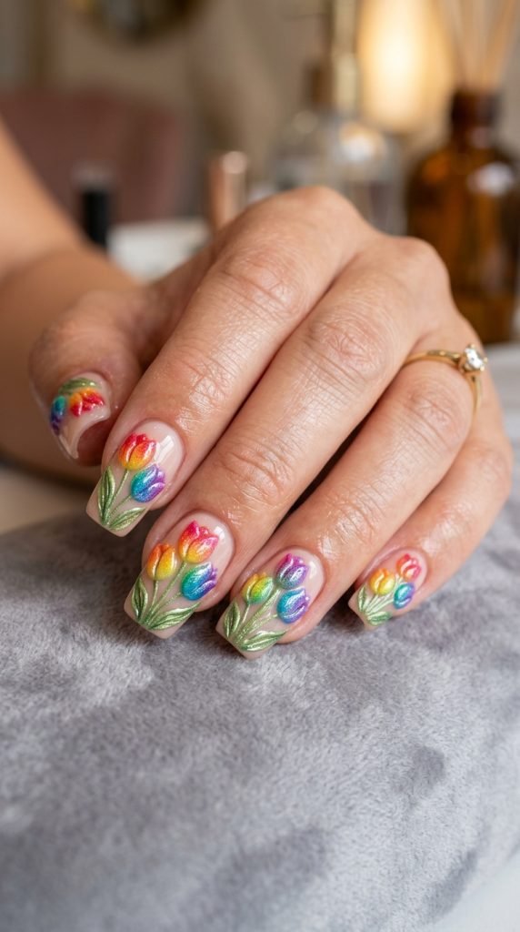 Rainbow gradient 3D tulip nails showing red, purple, and blue sculpted petals with green leaves