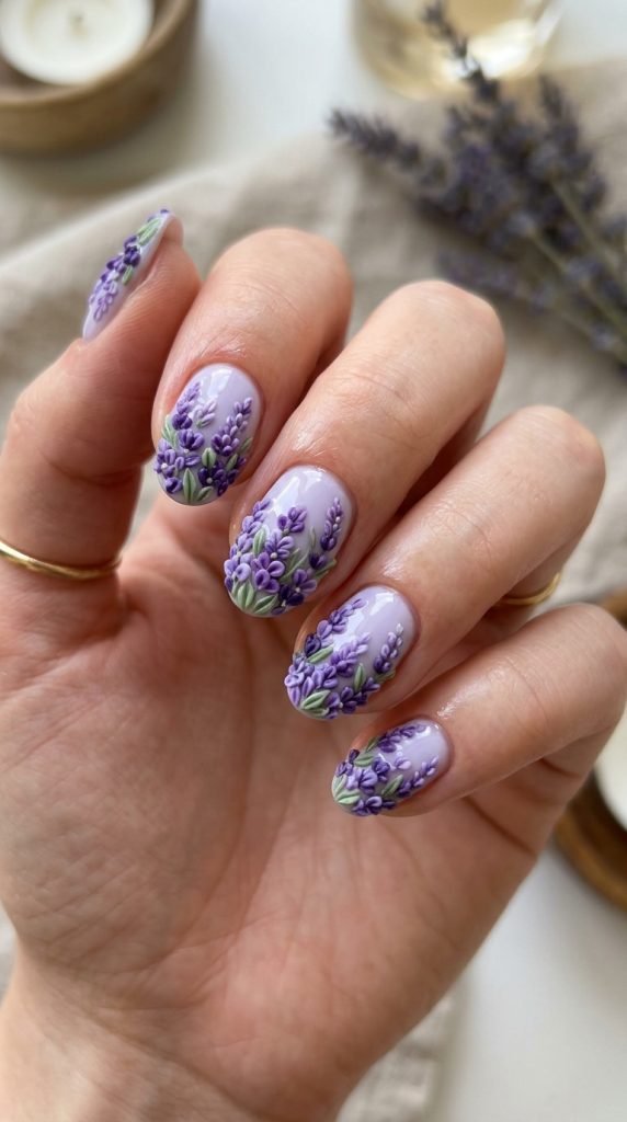 Impressionistic 3D lavender field nails with hundreds of tiny hand-sculpted purple flowers covering nail surface
