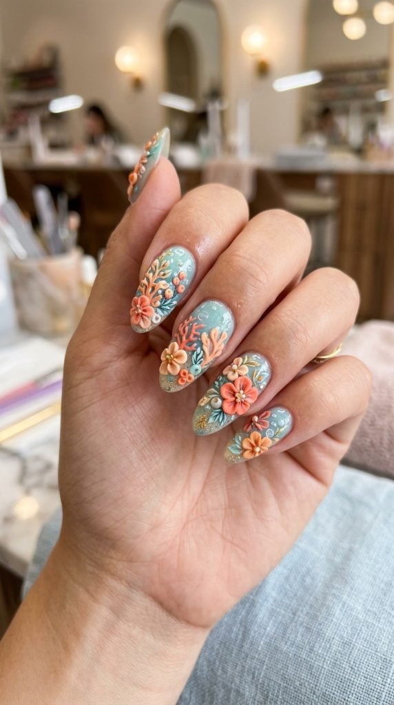 Coral reef-inspired 3D flower nails with warm coral, peach, and orange hand-sculpted blooms