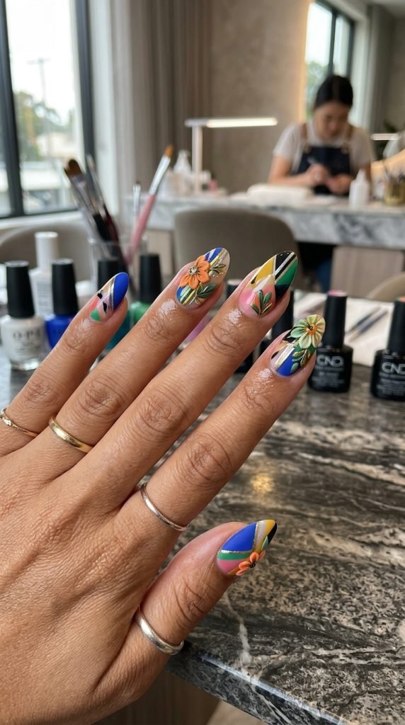 Contemporary 3D floral nails combining hand-sculpted flowers with geometric shapes and modern design elements