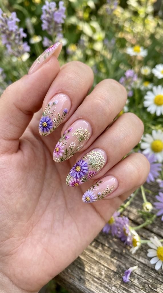 Wildflower meadow 3D nails with hand-sculpted asters and queen anne's lace showing delicate botanical detailing