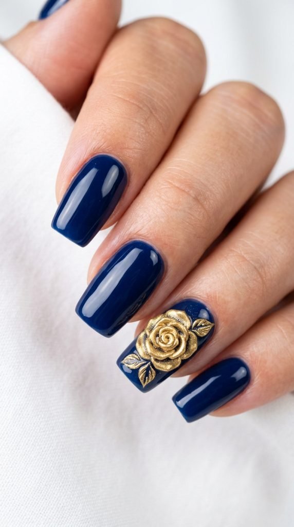 Deep navy blue dip nails showing rich dark tone and professional finish