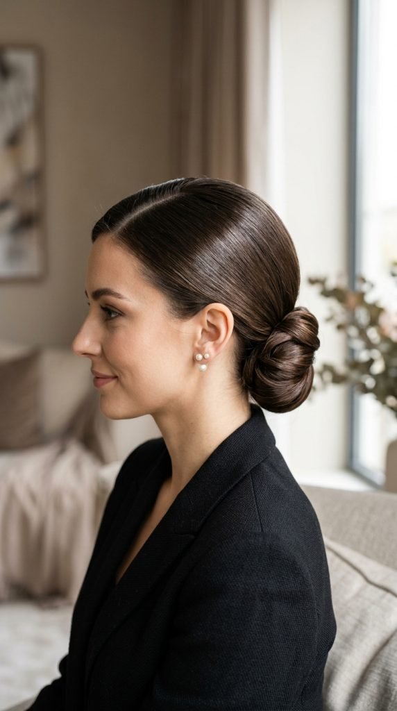 Sleek low side ponytail updo for medium hair showing elegant asymmetrical styling