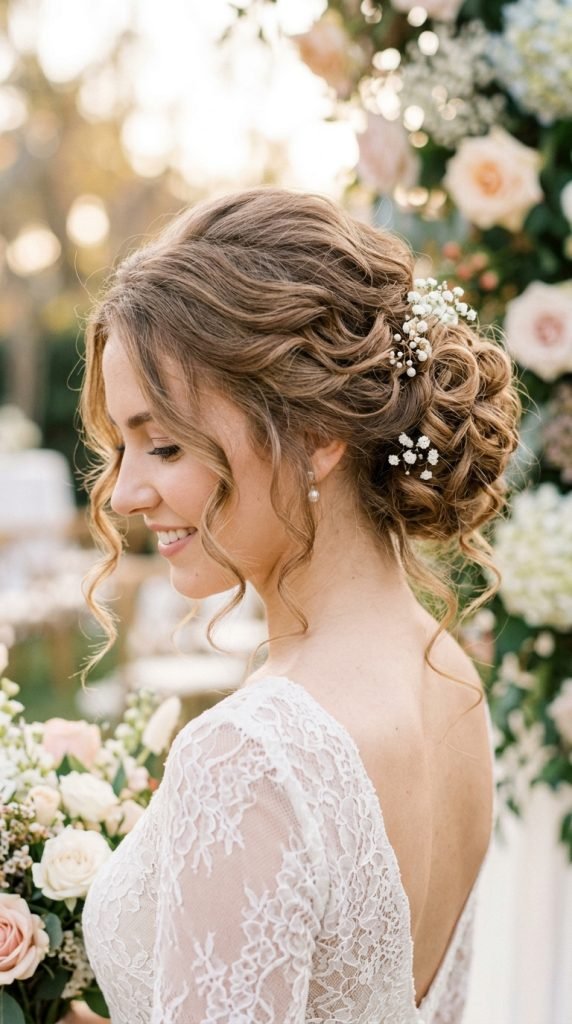 Romantic curled updo for medium hair with face-framing tendrils showing delicate femininity