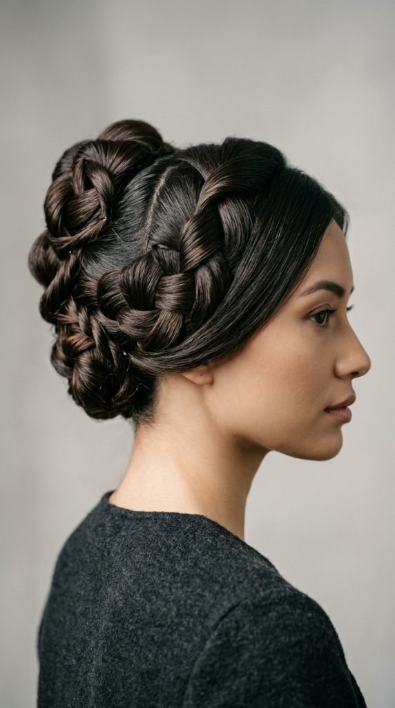 "Modern geometric twisted updo for medium hair showing contemporary artistic styling