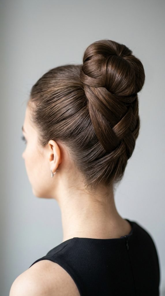 Sleek wrapped high bun updo for medium hair showing modern polished styling