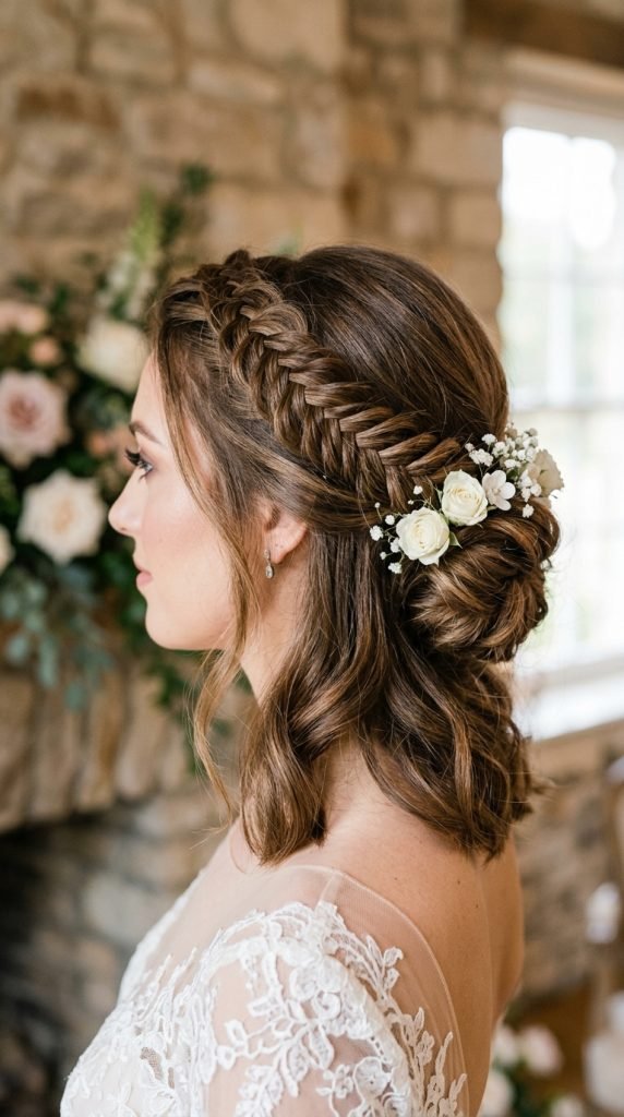 Elegant braided crown updo for medium hair showing romantic wedding-inspired styling