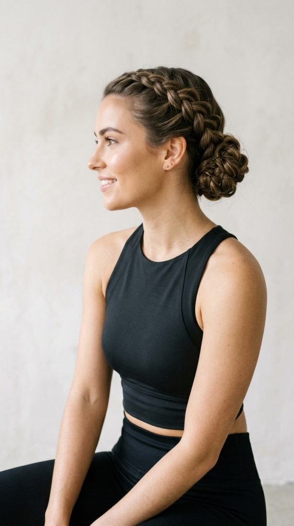 Sleek Dutch braid updo for medium hair showing modern structured styling
