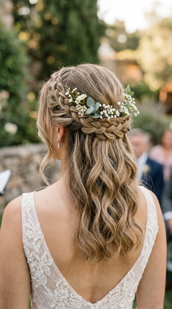Half-up braided crown updo for medium hair showing romantic whimsical styling