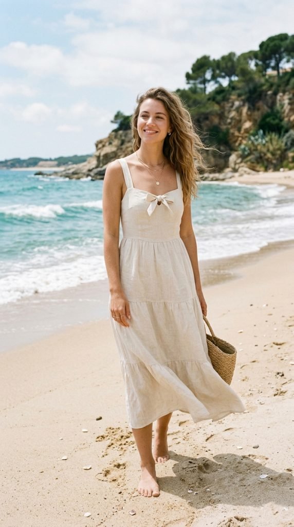 Simple linen dress with minimal jewelry creating effortless breezy