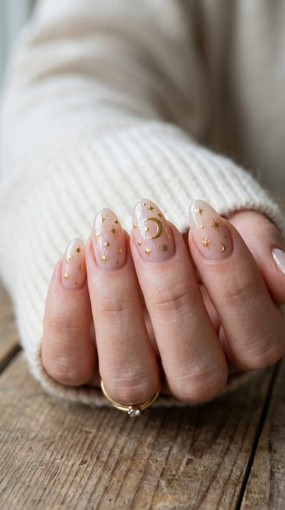 Celestial fingernail design with gold stars and moons