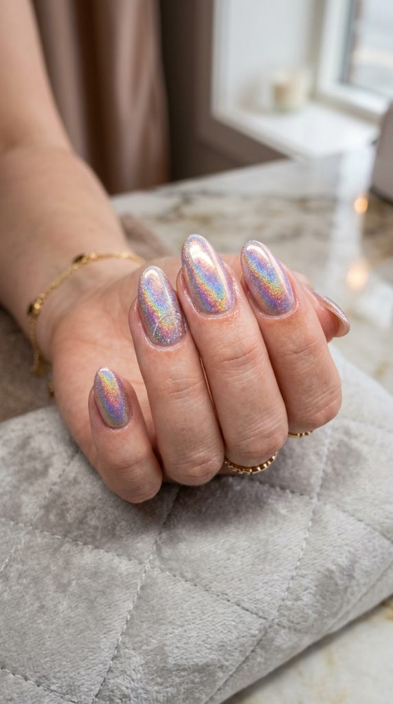 Holographic aura nails with a color-shifting glow