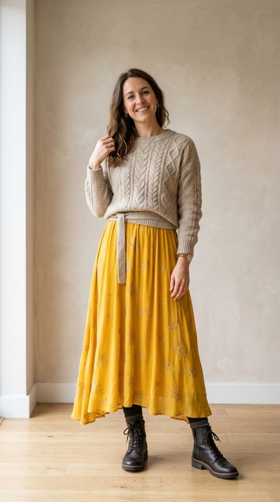 Maxi dress with a half-tucked jumper and boots