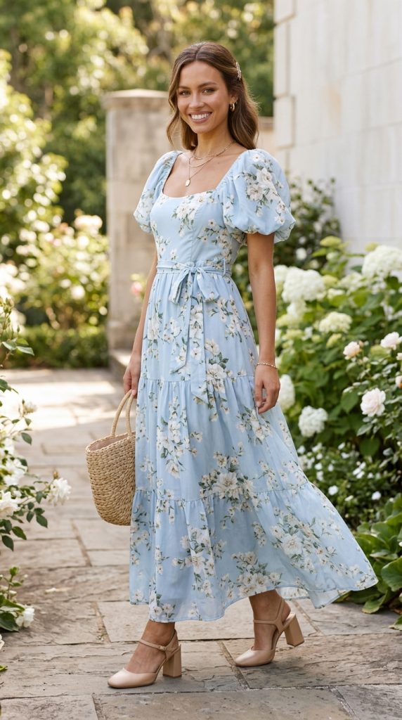 Floral puff-sleeve maxi dress with block heels