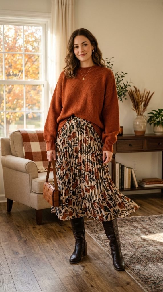 Oversized warm-colored sweater with midi skirt and knee boots creating cozy fall confidence