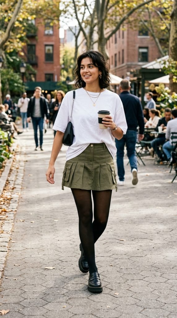 Playful Y2K cargo mini skirt with oversized white tee and half-tuck creating proportion contrast
