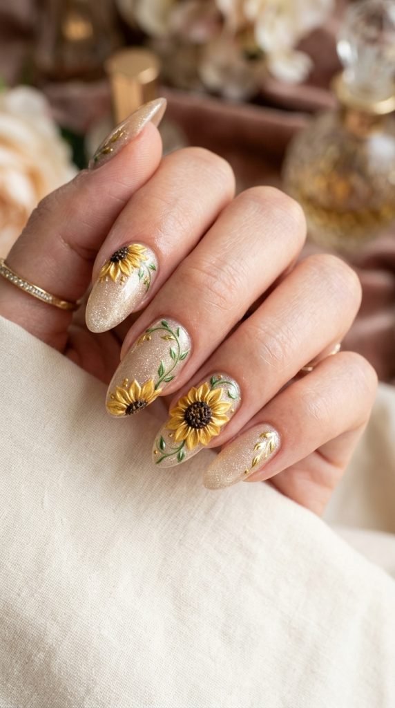 golden sunflower nails with individual petals and dark chocolate centers, showing realistic botanical sculpting