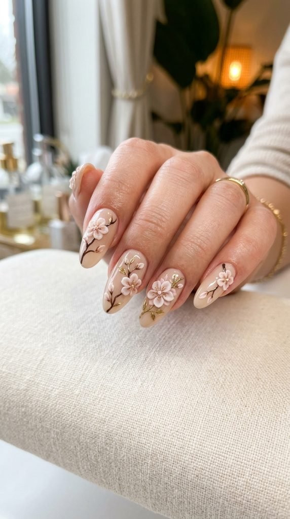Japanese cherry blossom 3D nails with pale pink and white sculpted petals on nude base