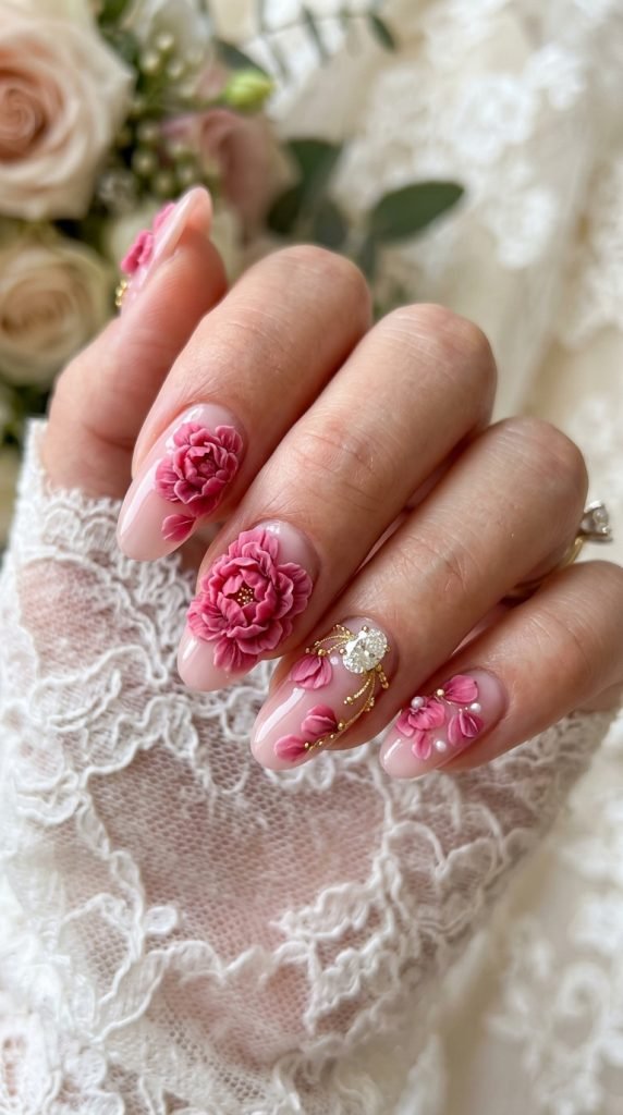 Luxurious 3D peony nails with volumetric layered pink petals showing dramatic dimension and romantic aesthetic