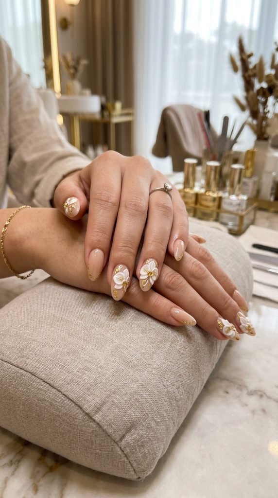 Luxurious 3D orchid nails with metallic gold accents on white hand-sculpted petals