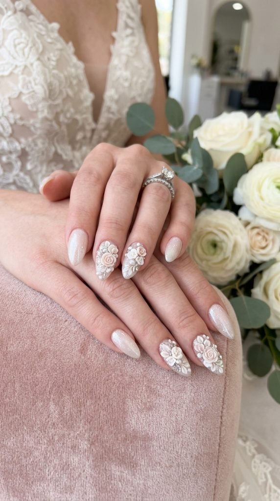 Bridal 3D garden nails with hand-sculpted roses, peonies, and baby's breath in ivory and blush tones