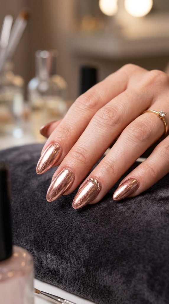 Rose gold chrome dip nails with metallic shimmer and luxurious finish