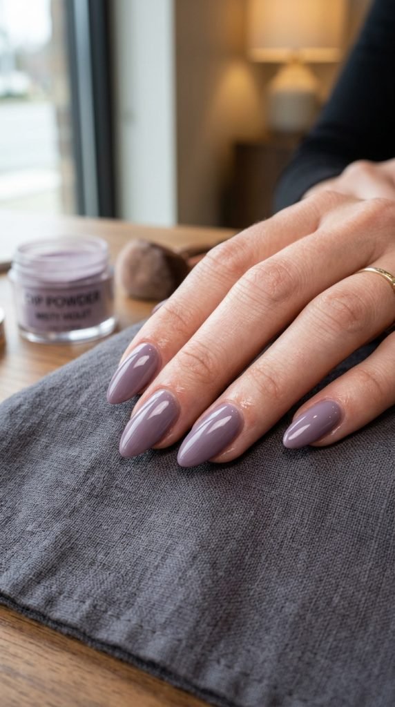 Dusty purple dip nails showing muted violet tone and sophisticated finish
