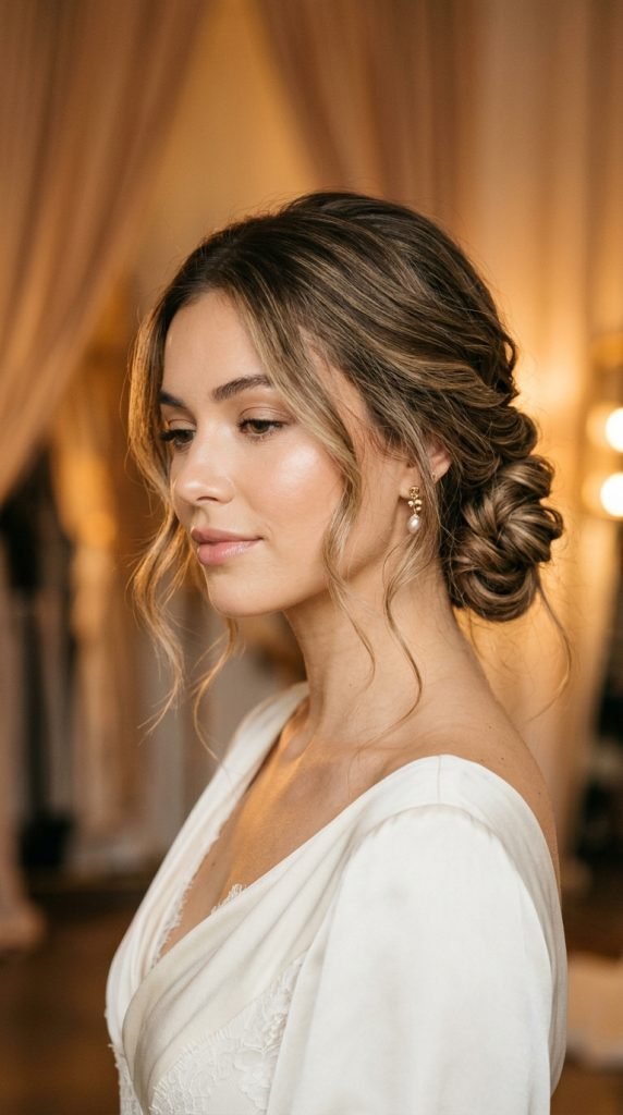 Romantic twisted side updo for medium hair with face-framing pieces and feminine elegance