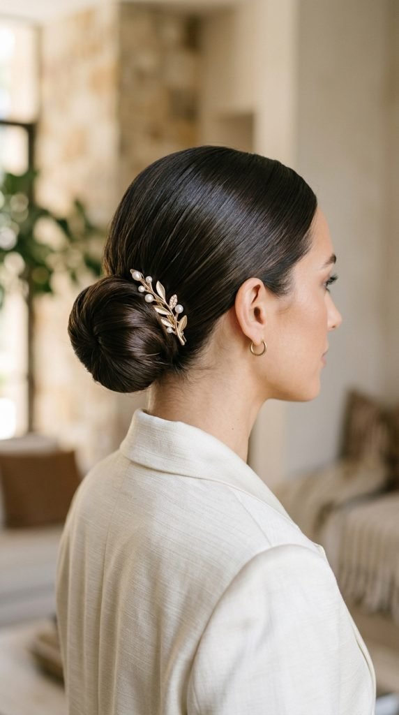 Sleek low bun updo for medium hair with decorative accessories showing elevated sophistication