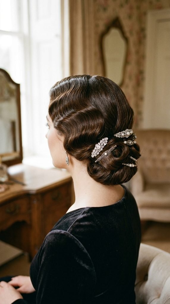 Vintage glamour low pinned wave updo for medium hair showing Old Hollywood elegance