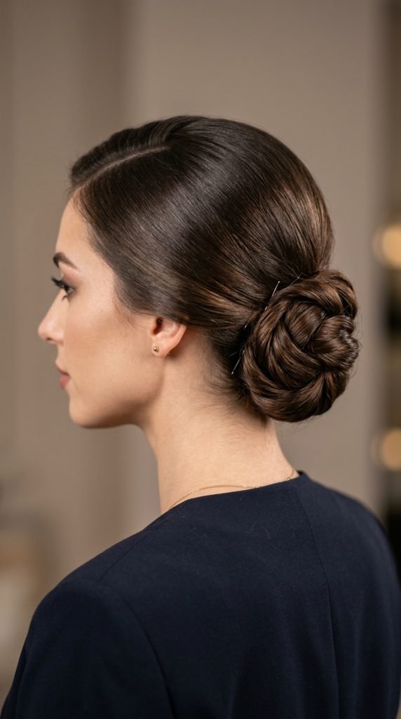 Elegant chignon updo for medium hair showing timeless French-style low bun