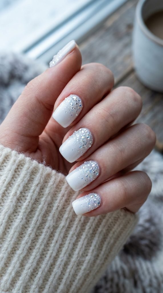 Winter white gel nails with micro crystal frost-like accents