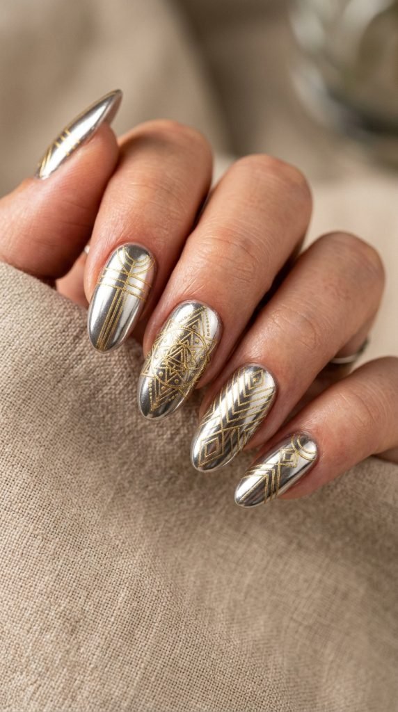 Chrome gel nails with geometric gold line art design
