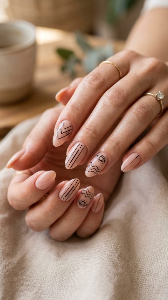 Nude nails with thin black line minimalist art design