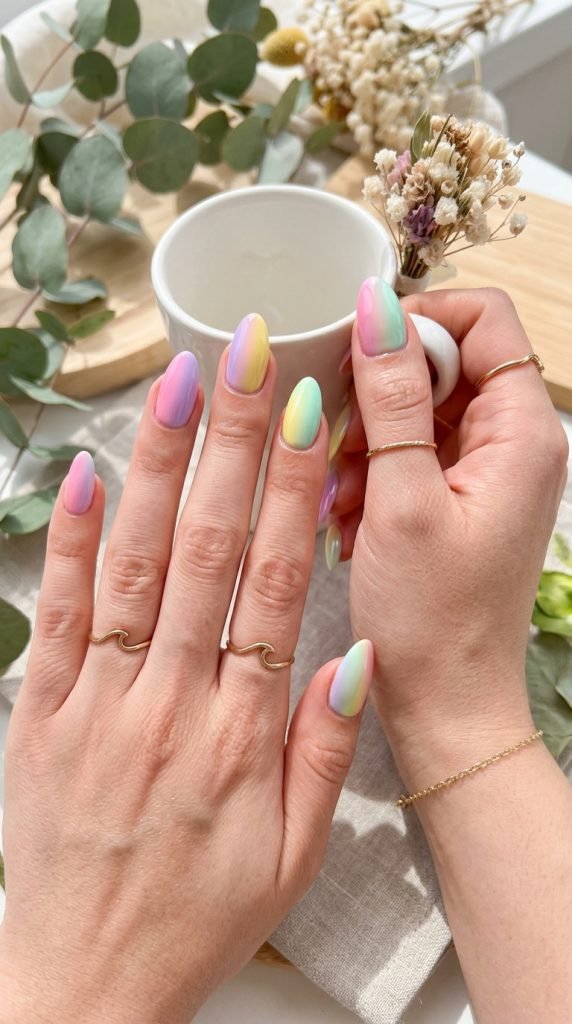 Soft pastel rainbow gradient nails with dreamy aesthetic
