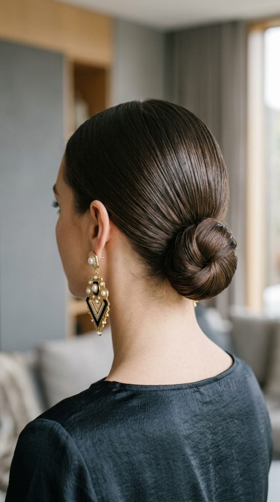 Polished sleek low bun with minimalist styling and earring focus