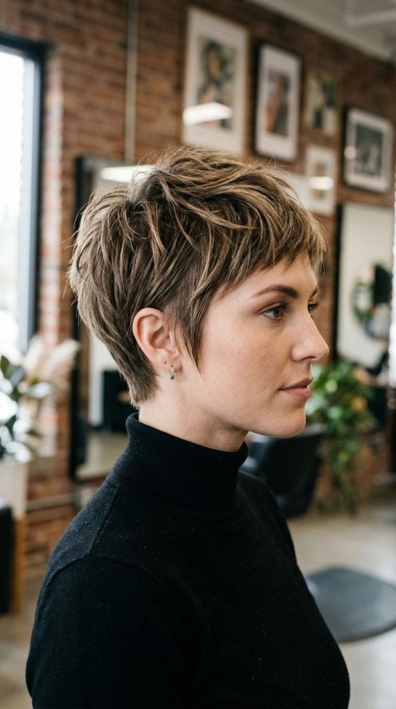 Choppy textured pixie haircut with short layered texture and bold contemporary style