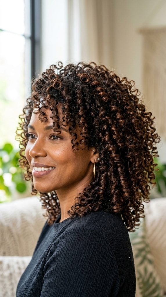 Natural curly hair with curl-enhancing layers celebrating textured curl pattern and definition
