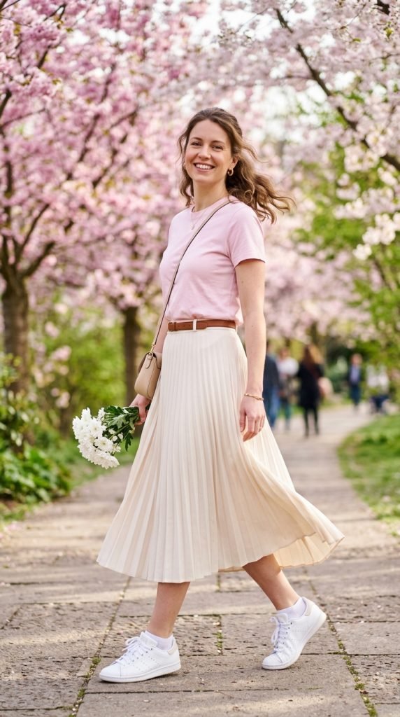 Baby pink tee and midi skirt spring outfit creating simple cheerful charm with sneakers