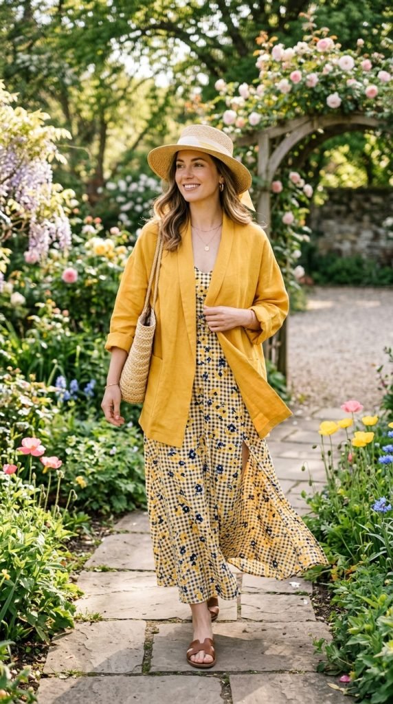 Maxi dress with oversized linen jacket and straw hat creating romantic garden wanderer
