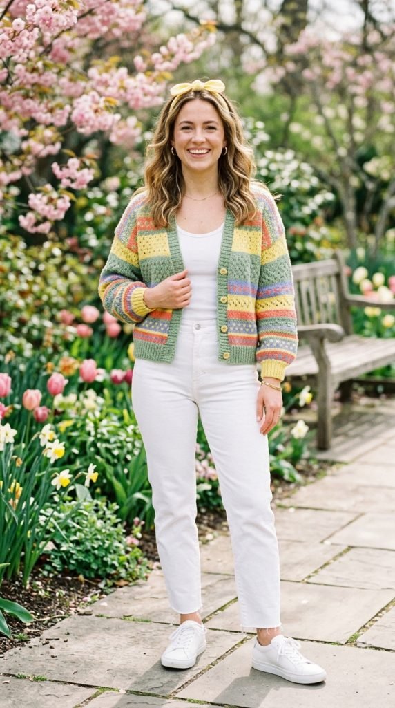 Bright spring-colored cardigan with white basics creating cheerful hopeful