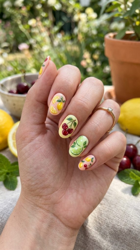  Summer fingernail design with citrus and cherry motifs
