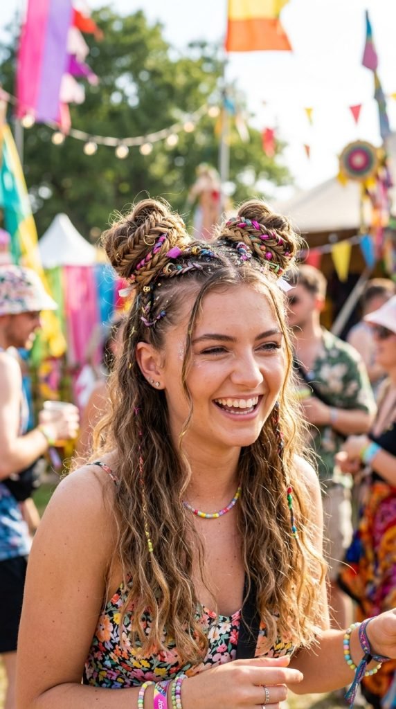 Space buns with braided details showing playful whimsical festival aesthetic